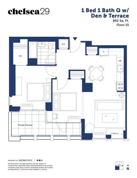 A floor plan for a 1 Bed 1 Bath condo with a private terrace.